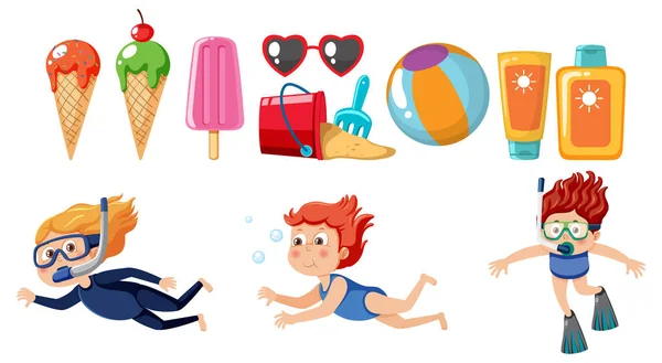 Set Kids Character Summer Element Illustration — Image vectorielle