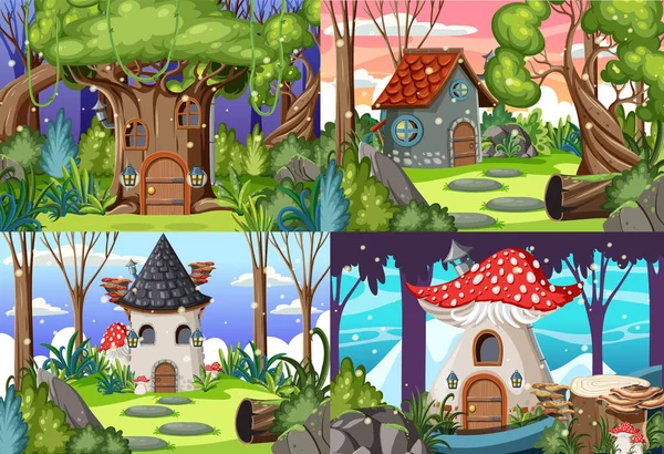 Set Fairy Tale House Background Illustration — 图库矢量图片