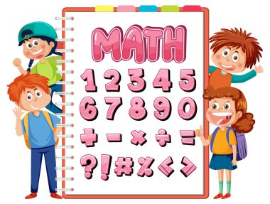 Number and math equation on note paper icon with kids character illustration
