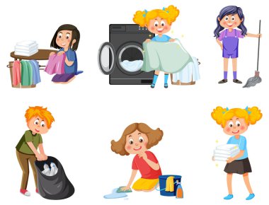 Children doing housework characters set illustration