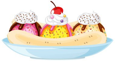 Banana split Ice cream sundae on white background illustration