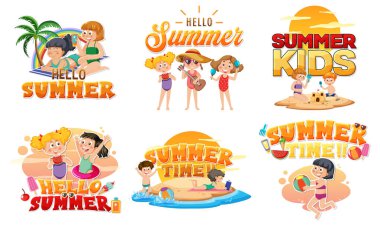 Summer holiday and happy kids logo illustration