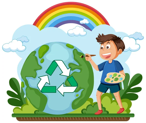 Chlapec Malující Recyklační Symbol Zemi — Stockový vektor