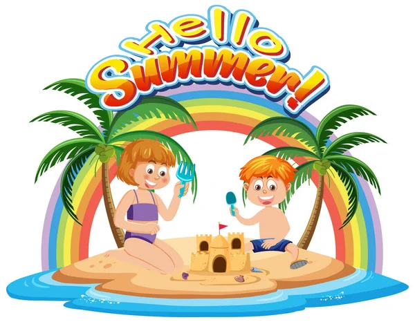 Kids Enjoying Summer Holiday Island Illustration — Image vectorielle
