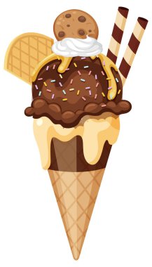 Chocolate ice cream cone with toppings illustration