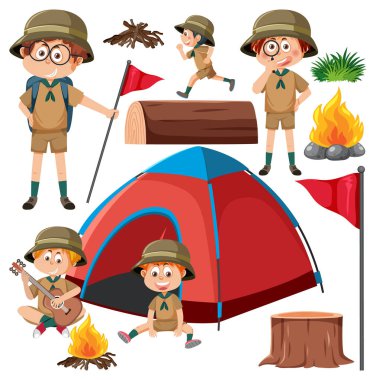 Set of camping kids cartoon character illustration clipart