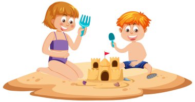 Children building sand castle illustration
