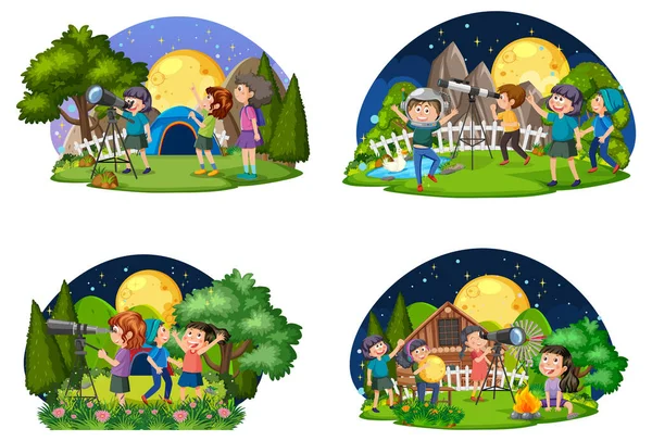 Set Kids Using Telescope Night Illustration — Stock Vector