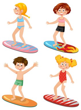 Summer kids on different surfboards illustration