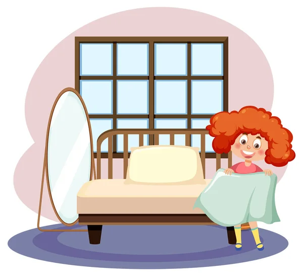 Girl Folding Blanket Bedroom Illustration — Stok Vektör