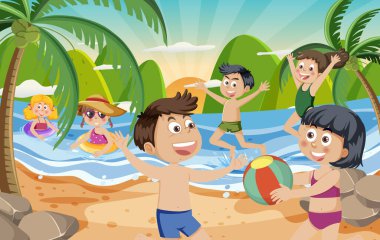 Kids on summer beach vacation illustration