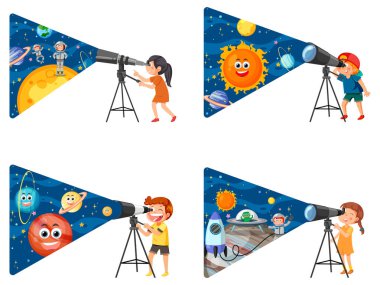 Set of kids using telescope isolated illustration