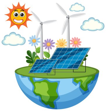 Green energy concept with solar panels and wind turbines illustration
