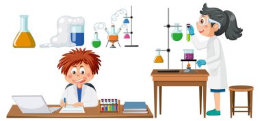 Scientist and student doing chemistry experiment illustration