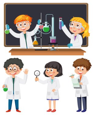 Scientist and student doing chemistry experiment illustration