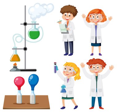 Scientist and student doing chemistry experiment illustration