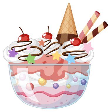 Ice cream sundae served in a glass bowl illustration