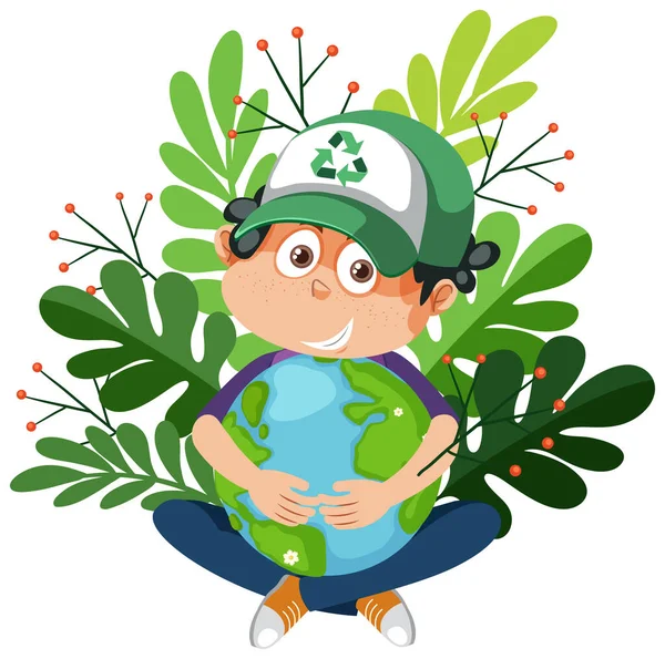 Παγκόσμια Ημέρα Της Γης Έννοια Ένα Αγόρι Αγκαλιάζει Σφαίρα Εικονογράφηση — Διανυσματικό Αρχείο