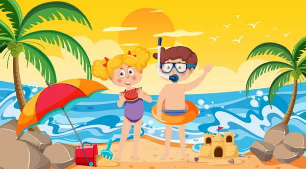 Kids Summer Beach Vacation Illustration — ストックベクタ