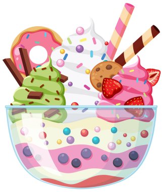 Ice cream sundae served in a glass bowl illustration