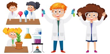 Scientist and student doing chemistry experiment illustration