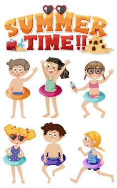 Summer time text with kids characters set illustration