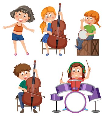 Set of cartoon kids character with music instruments illustration