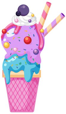 Blueberry ice cream in cone with toppings illustration