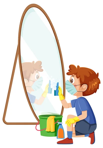 Boy Wiping Mirror Rag Spray Illustration — Stok Vektör