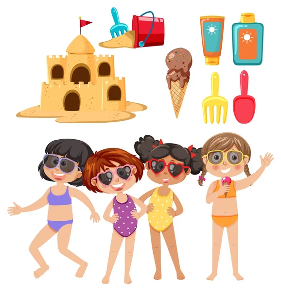 Set Kids Character Summer Element Illustration — 图库矢量图片