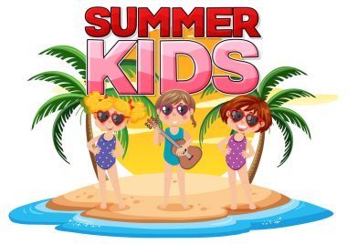 Summer kids text on the island for banner or poster design illustration