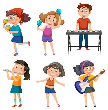 Set of cartoon kids character with music instruments illustration