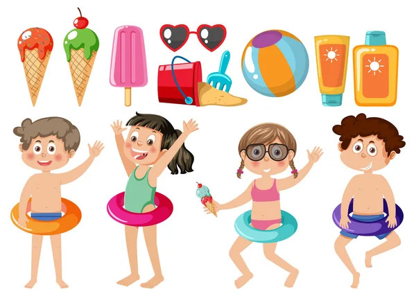 Set Kids Character Summer Element Illustration — Διανυσματικό Αρχείο