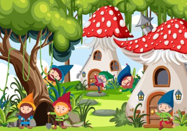 Elves in fairytale forest illustration