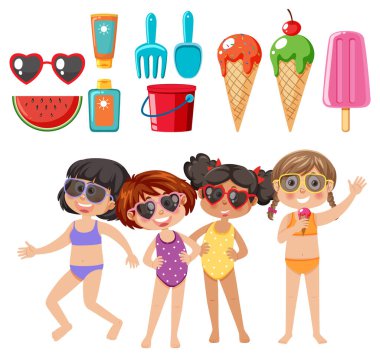 Set of kids character with summer element illustration