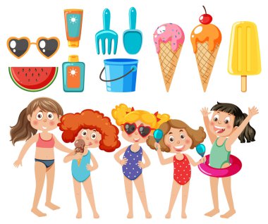 Set of kids character with summer element illustration