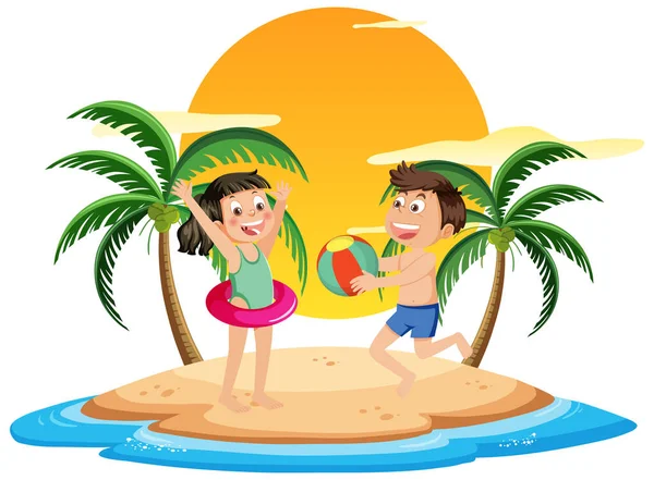 Děti Užívají Letní Dovolenou Ostrově Ilustrace — Stockový vektor