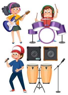 Set of cartoon kids character with music instruments illustration