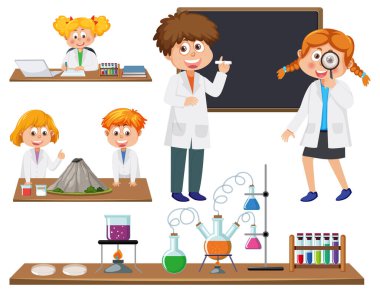 Scientist and student doing chemistry experiment illustration