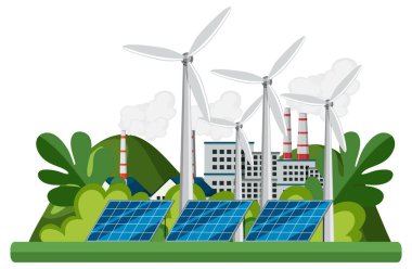 Green energy concept with solar panels and wind turbines illustration