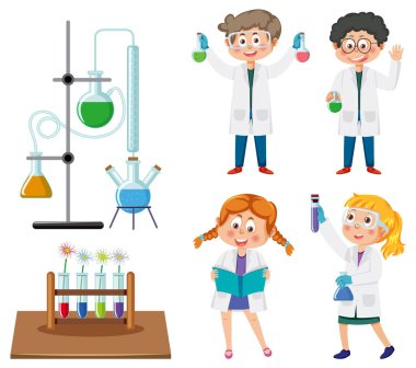 Scientist and student doing chemistry experiment illustration
