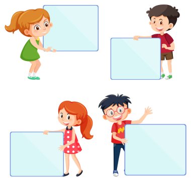 Set of kid cartoon character with empty board illustration