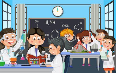 Laboratuvar illüstrasyonunda bilim deneyi yapan öğrenci