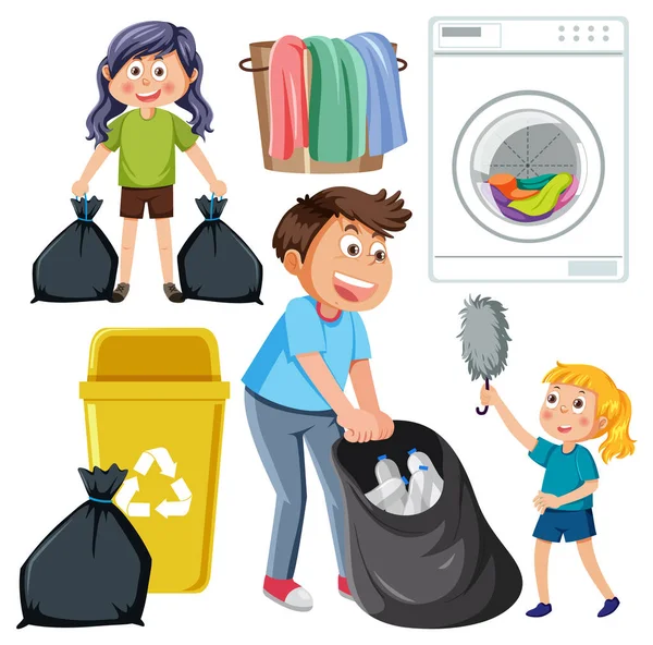 Set Children Doing Chores Household Equipments Illustration — Stock Vector