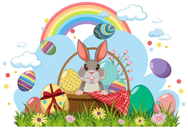 Pisanki Cute Bunny Trawiastym Polu Ilustracji — Wektor stockowy