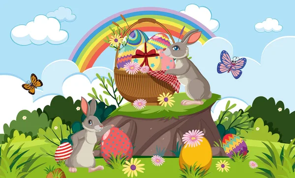 Easter Eggs Cute Bunny Grassy Field Illustration — Stock Vector