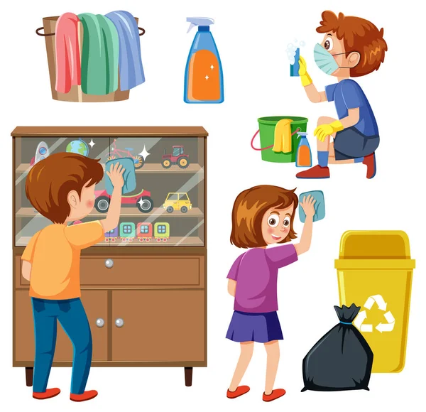Set Children Doing Chores Household Equipments Illustration — Vector de stock