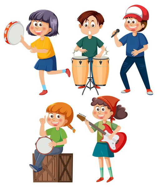 Set Cartoon Kids Character Music Instruments Illustration — Stock vektor
