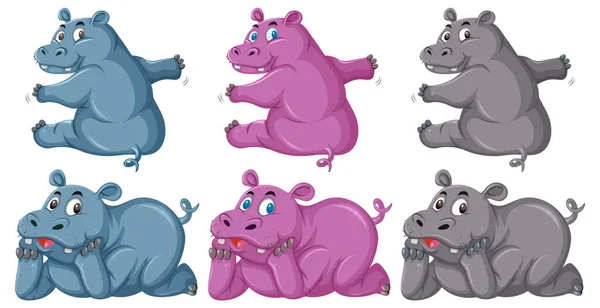 Set Simpatici Ippopotamo Personaggio Dei Cartoni Animati Posa Diversa Illustrazione — Vettoriale Stock