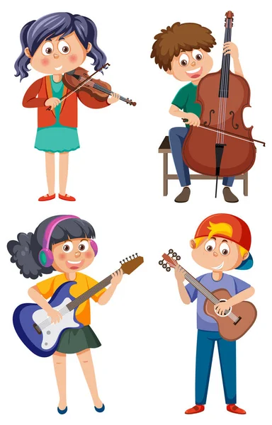 Set Cartoon Kids Character Music Instruments Illustration - Stok Vektor